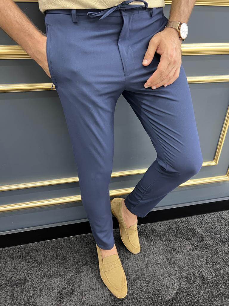 Men's Slim Fit Rope Detail Navy Trousers - Image 2