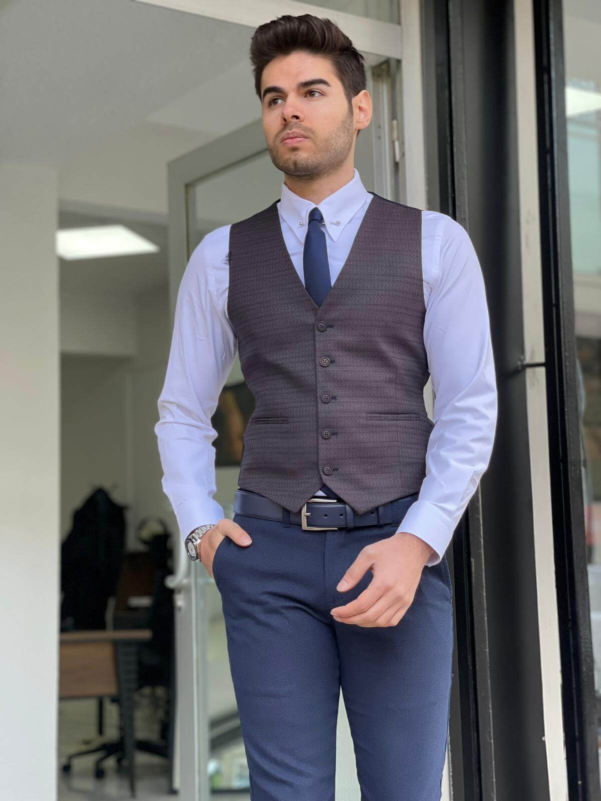 Self Patterned Navy Blue Men's Waist Coat - Image 3