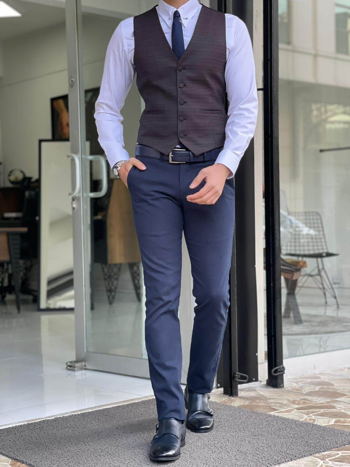 Self Patterned Navy Blue Men's Waist Coat - Image 4