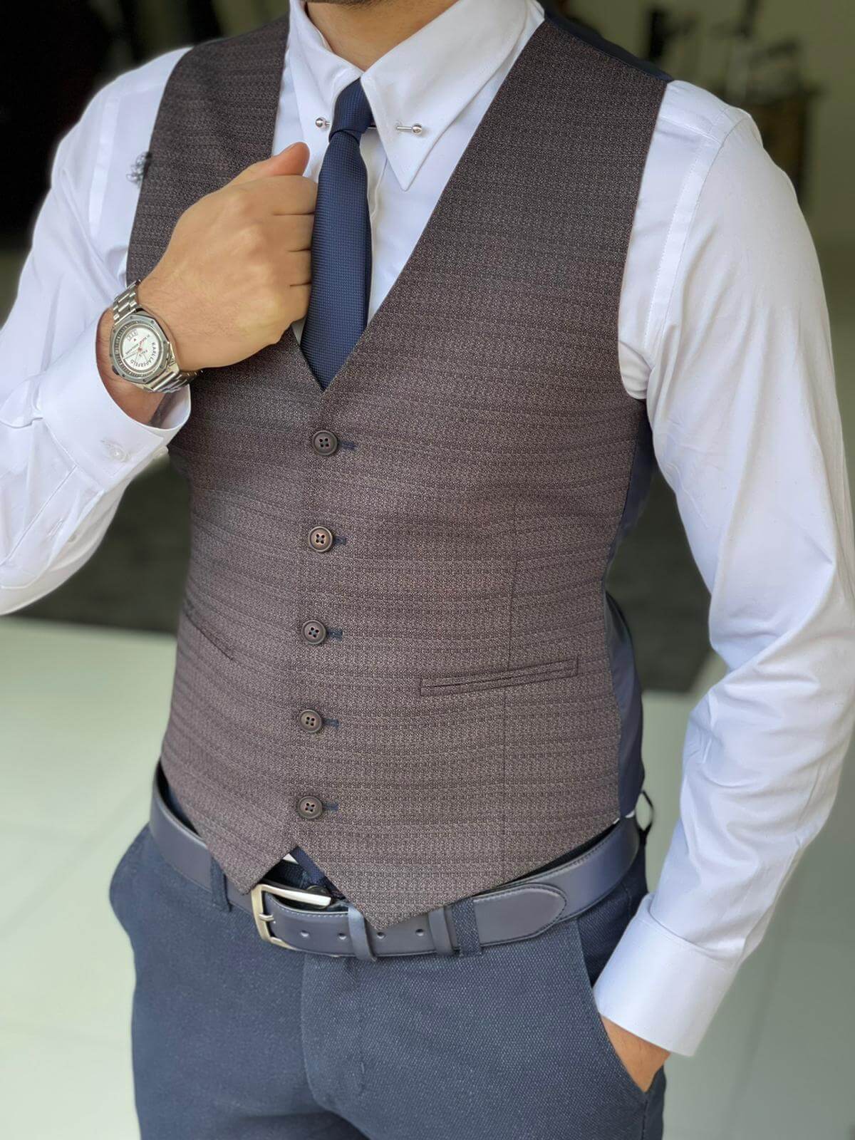 Self Patterned Navy Blue Men's Waist Coat - Image 5