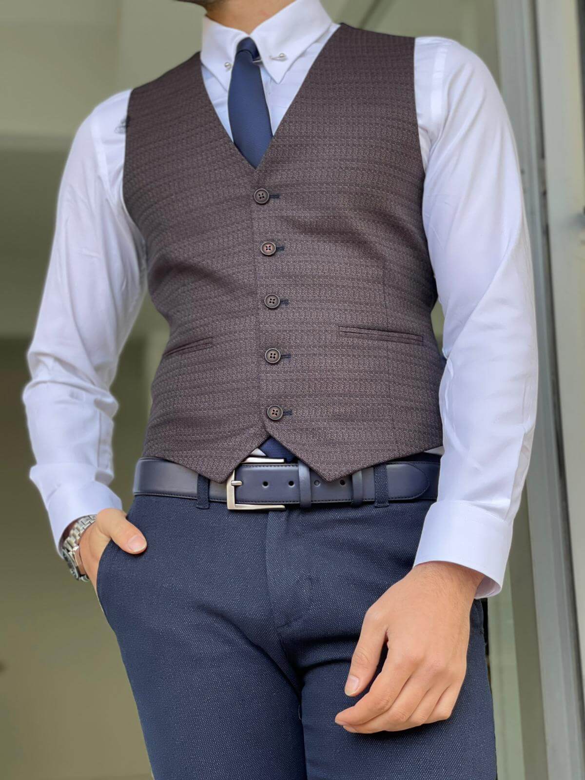 Self Patterned Navy Blue Men's Waist Coat - Image 6