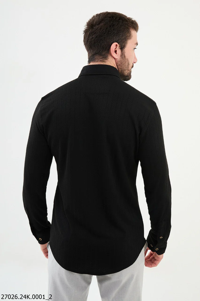 Sleek Black Textured Casual Shirt with Gold-Toned Button Accents. - Image 3