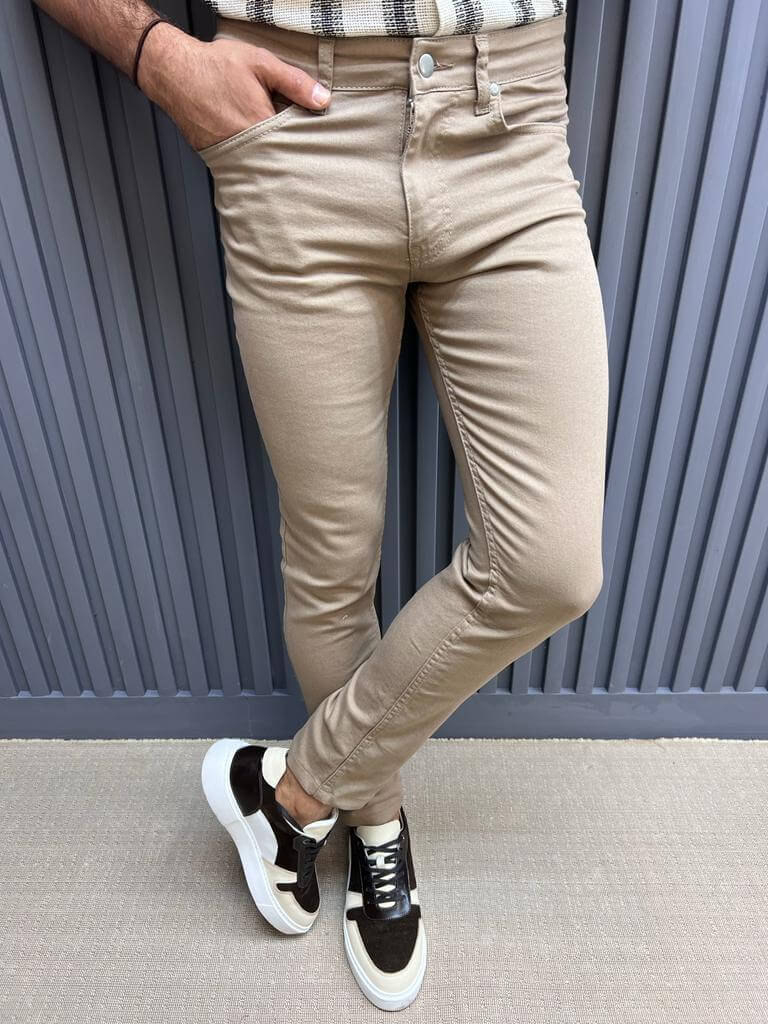 Men's Slim Fit Beige Pants - Image 4