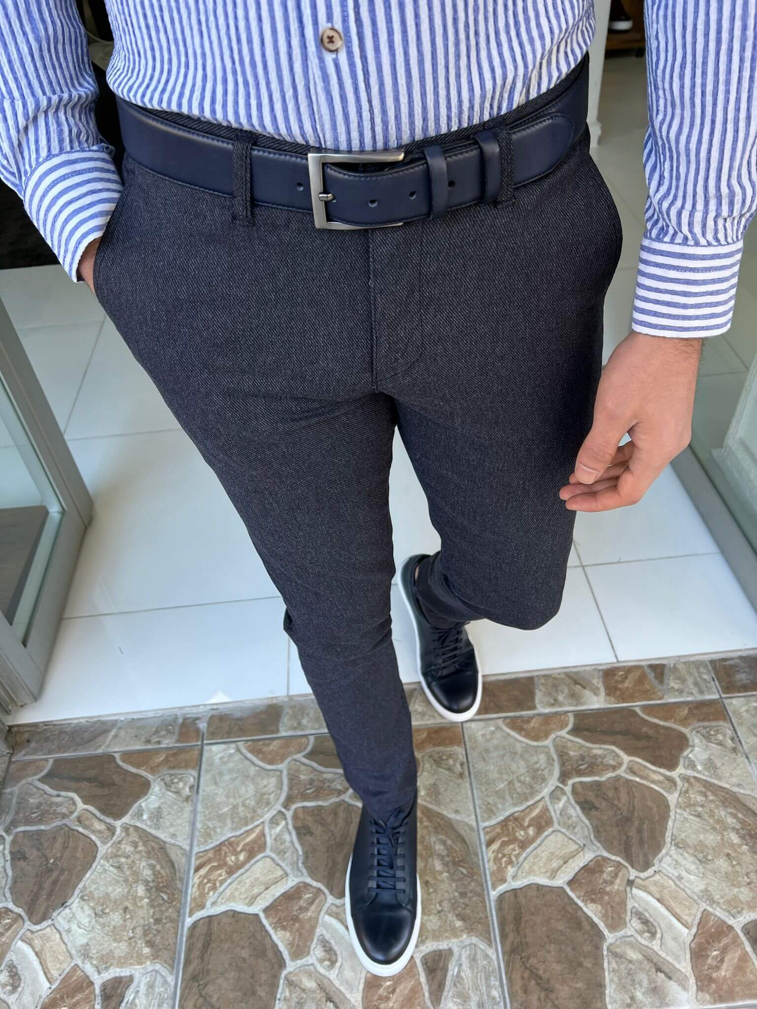 HolloMen Navy Blue Slim Fit Semi-Formal Pants. - Image 2