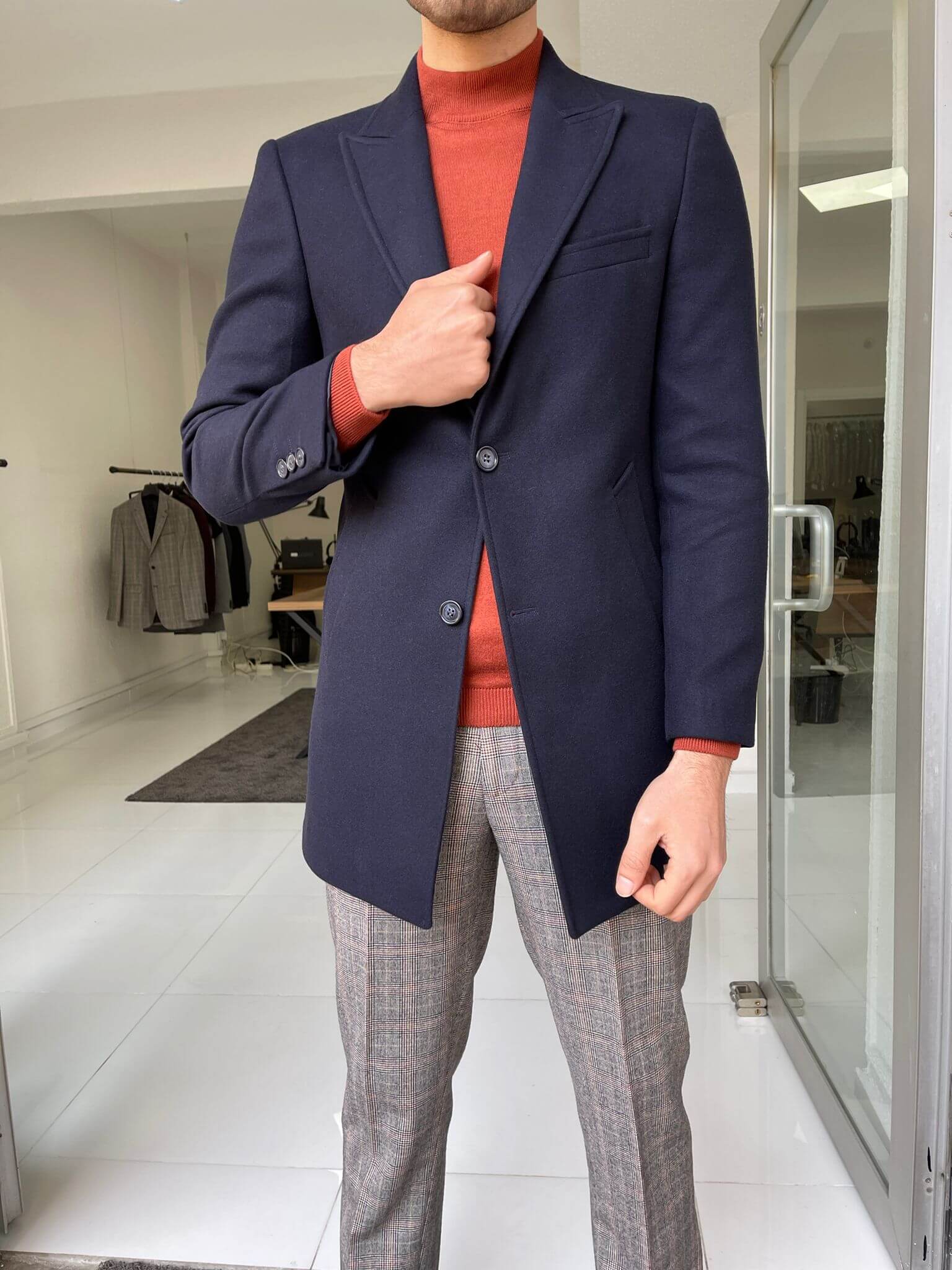 Slim Fit Navy Blue Wool Coat - Image 3
