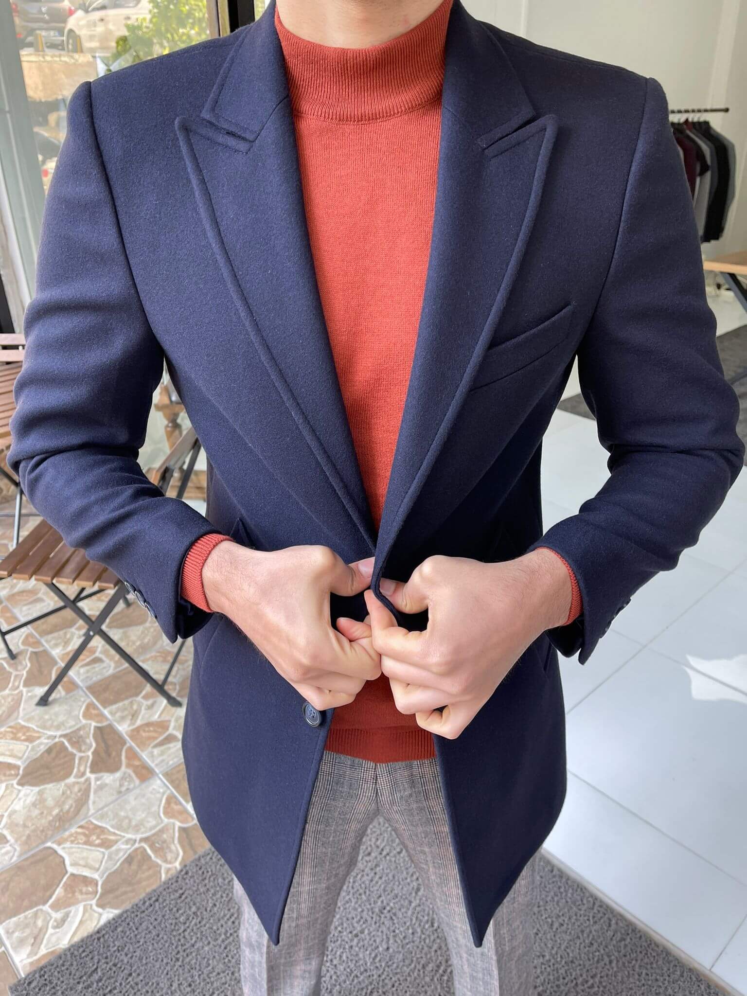 Slim Fit Navy Blue Wool Coat - Image 4