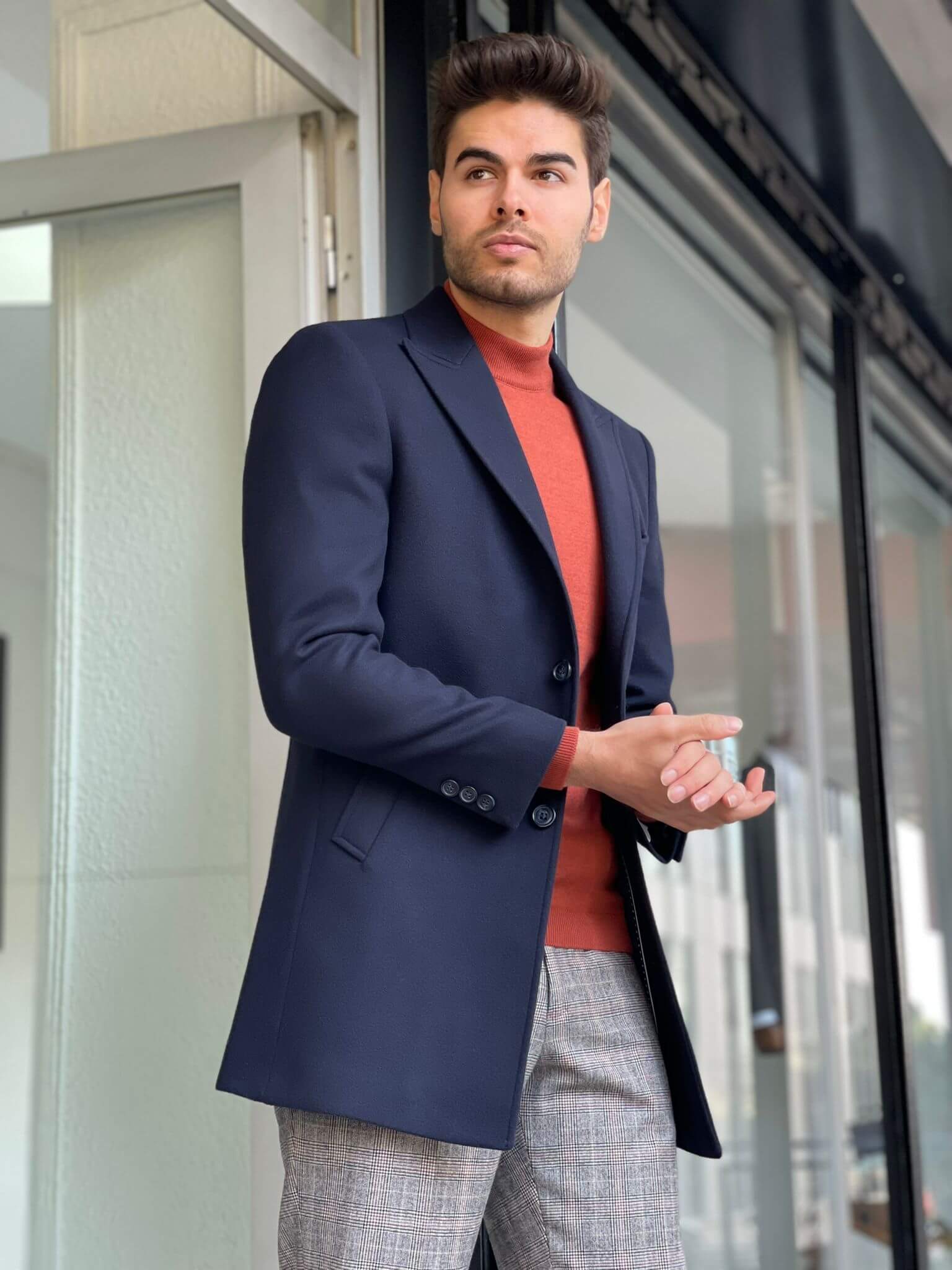 Slim Fit Navy Blue Wool Coat - Image 6