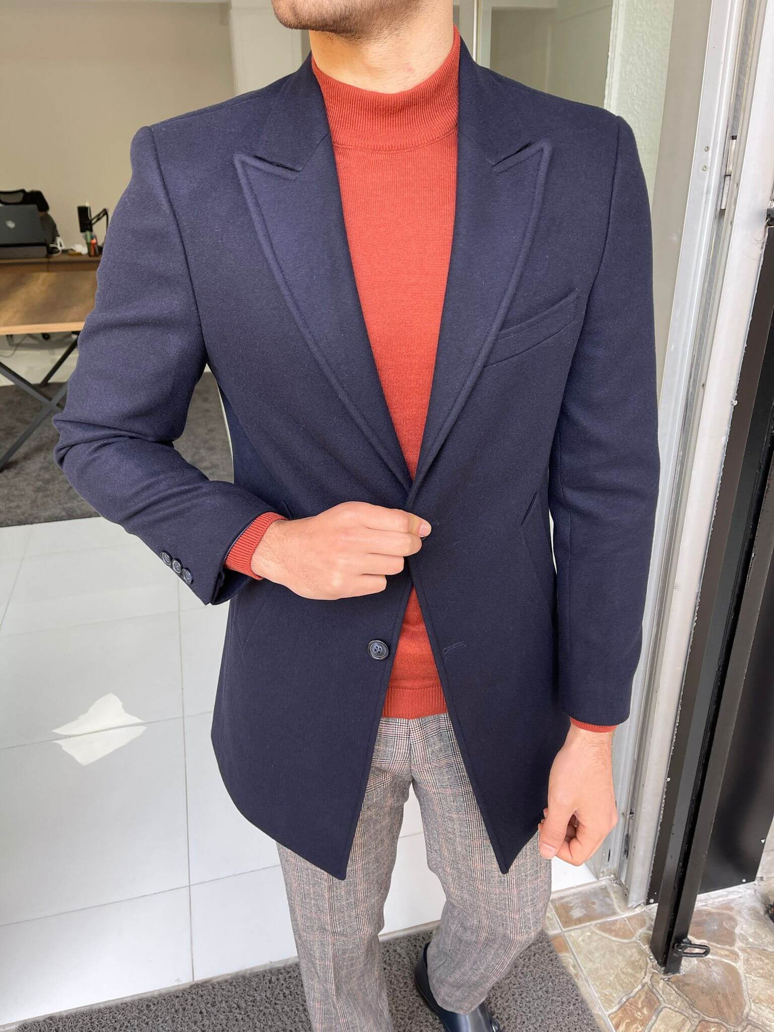 Slim Fit Navy Blue Wool Coat - Image 7