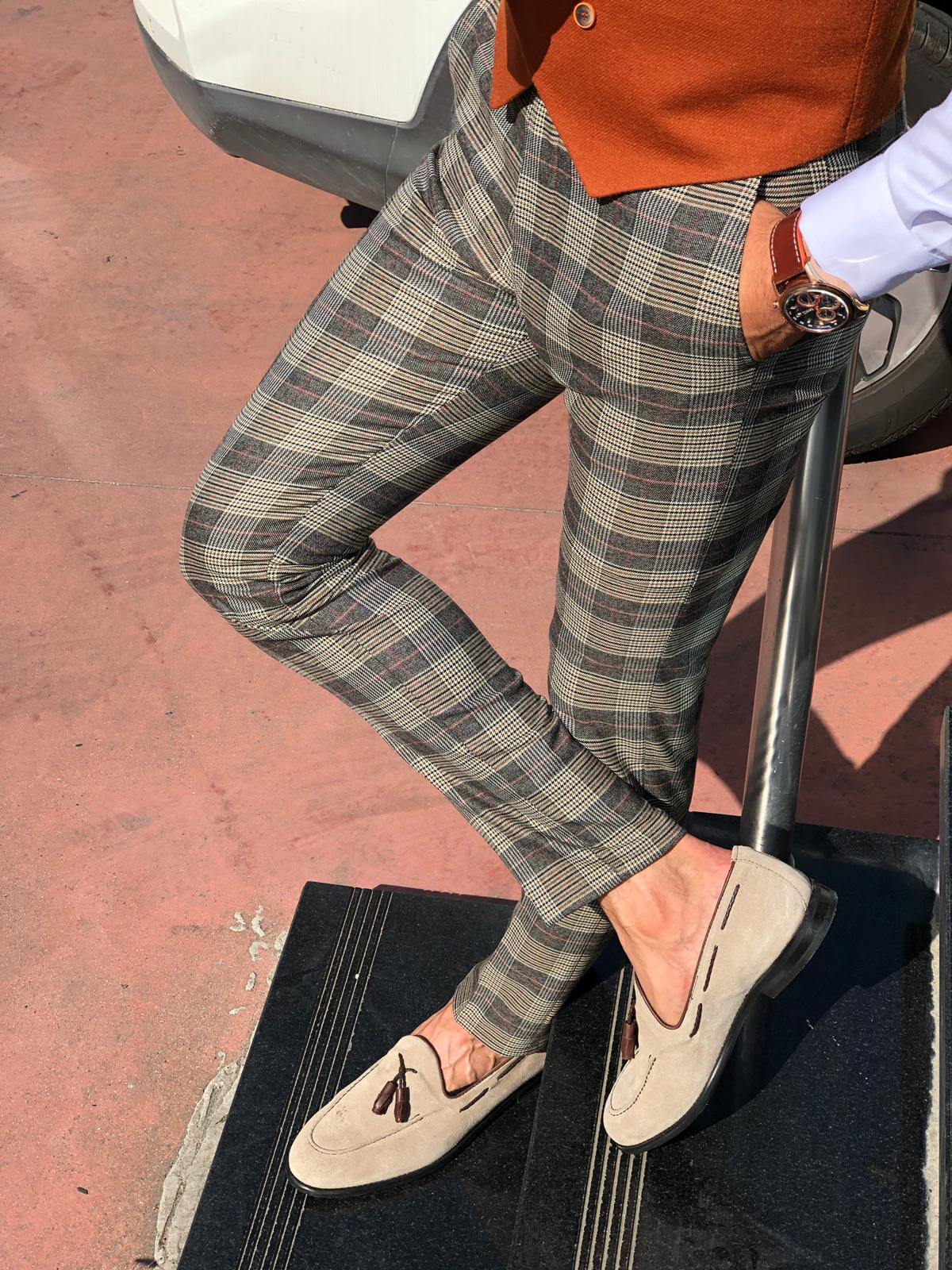 Slim-fit plaid fabri pants camel - Image 3