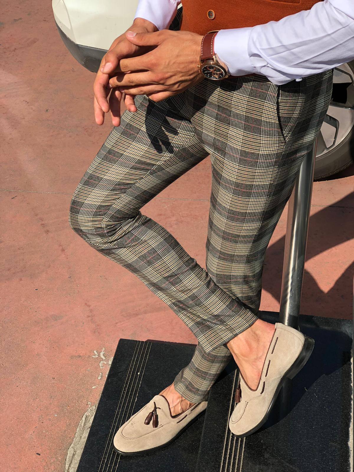Slim-fit plaid fabri pants camel - Image 4
