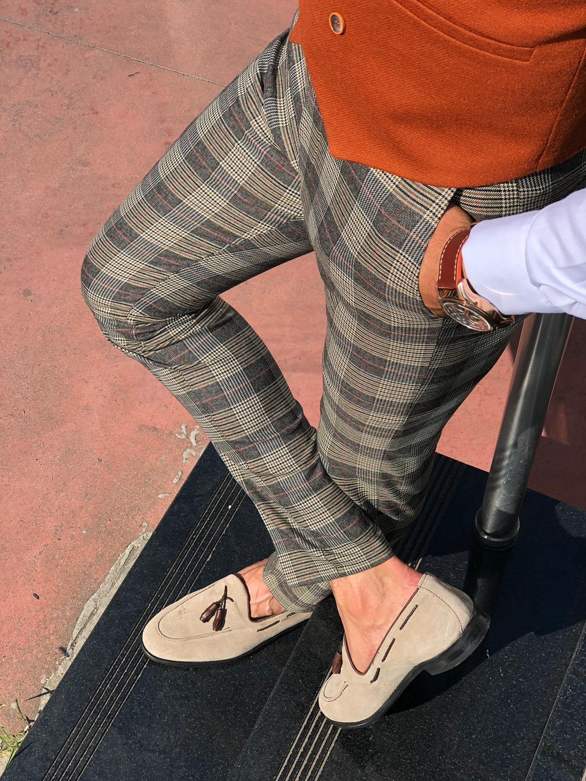 Slim-fit plaid fabri pants camel - Image 5