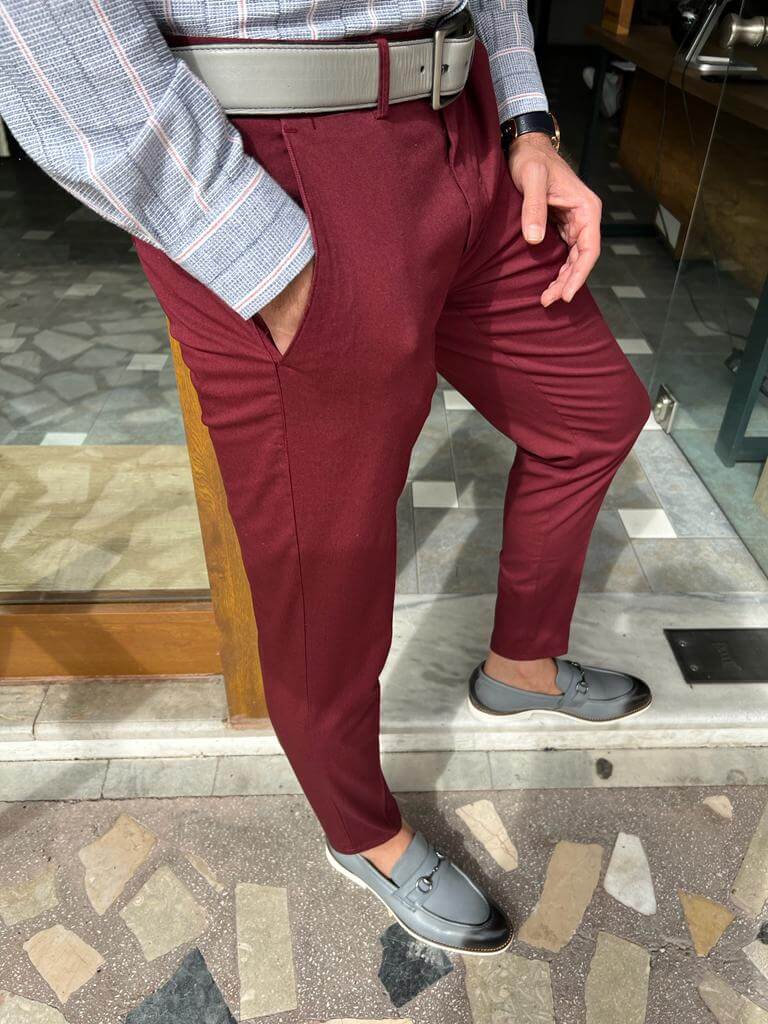 HolloMen Men’s Slim Fit Burgundy Red Cotton Trousers - Image 5