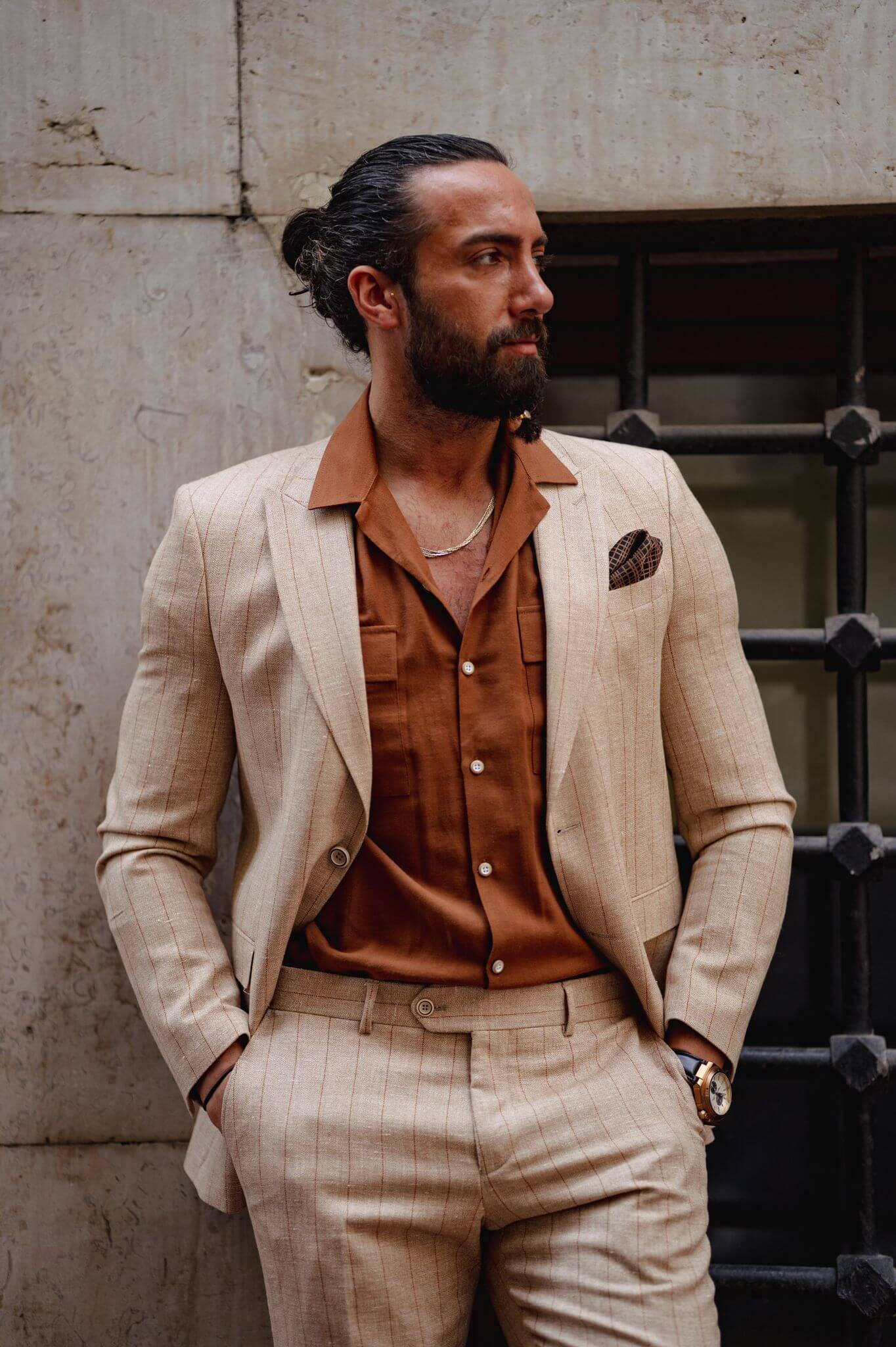 HolloMen Beige Striped Linen Summer Suit - Image 3