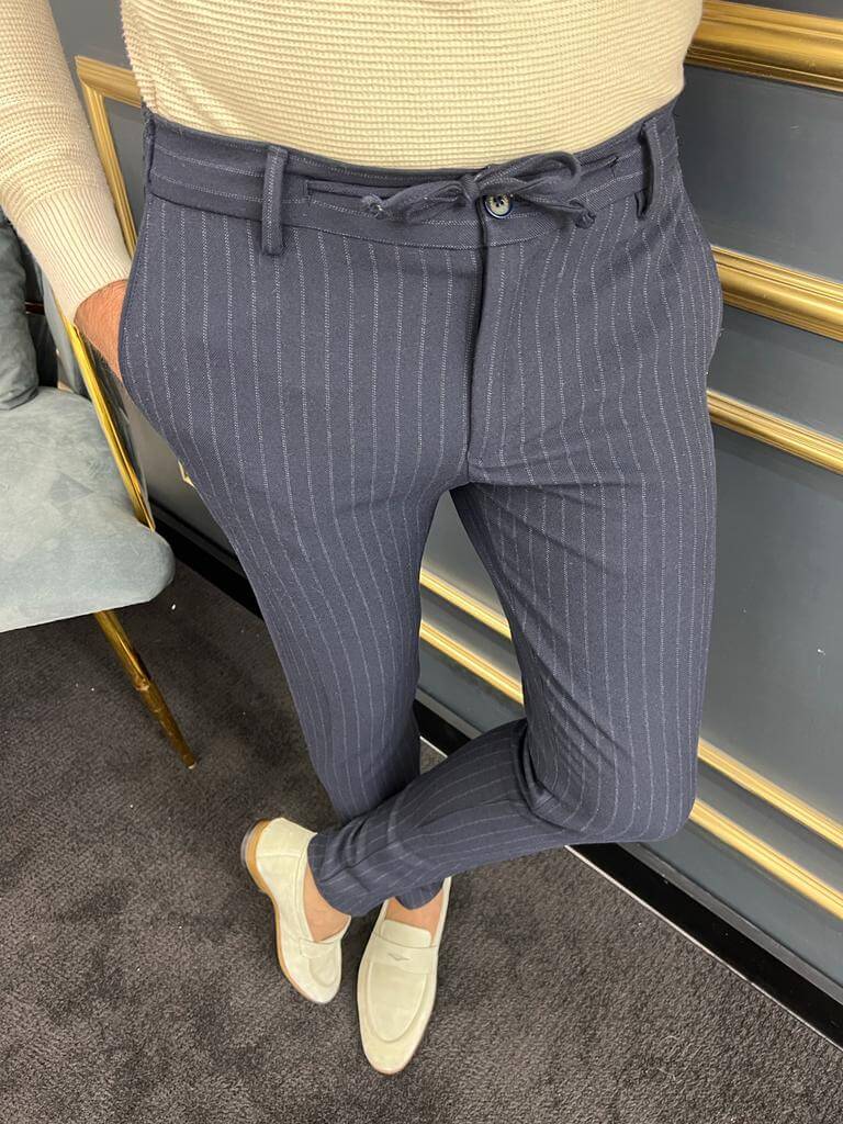 Striped Dark Blue Rope Belt Slim Fit Trousers. - Image 2