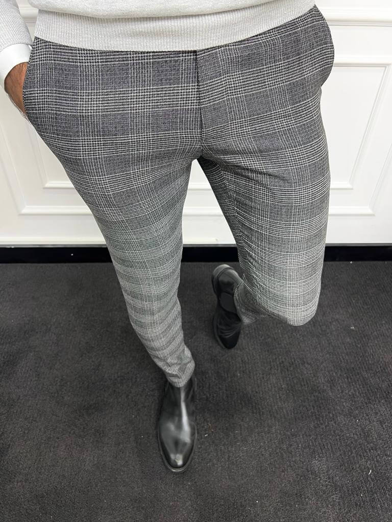 Striped Gray Slim Fit Trousers - Image 3