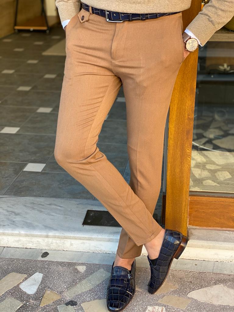 Men’s Slim Fit Camel Dress Trousers - Image 3