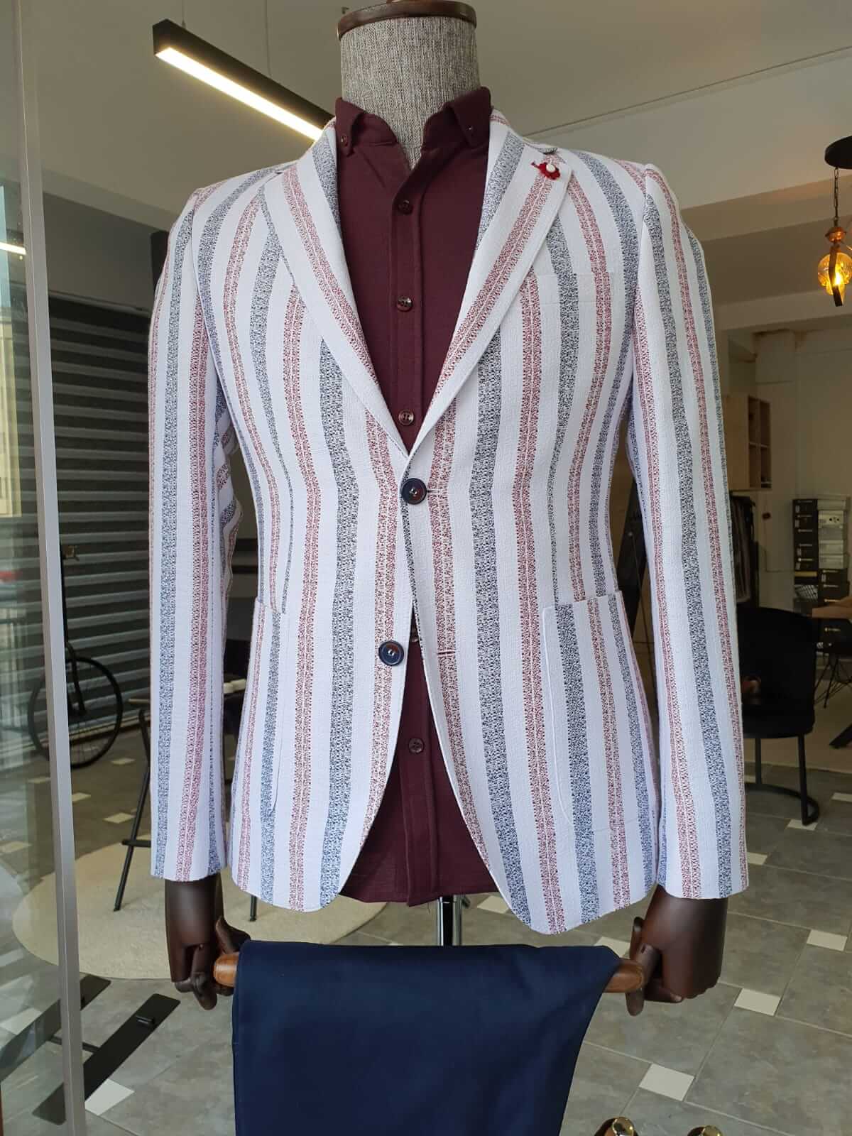 White & Claret Red Striped Jacket - Image 3
