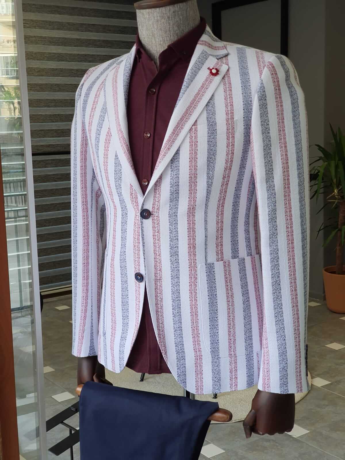 White & Claret Red Striped Jacket - Image 4