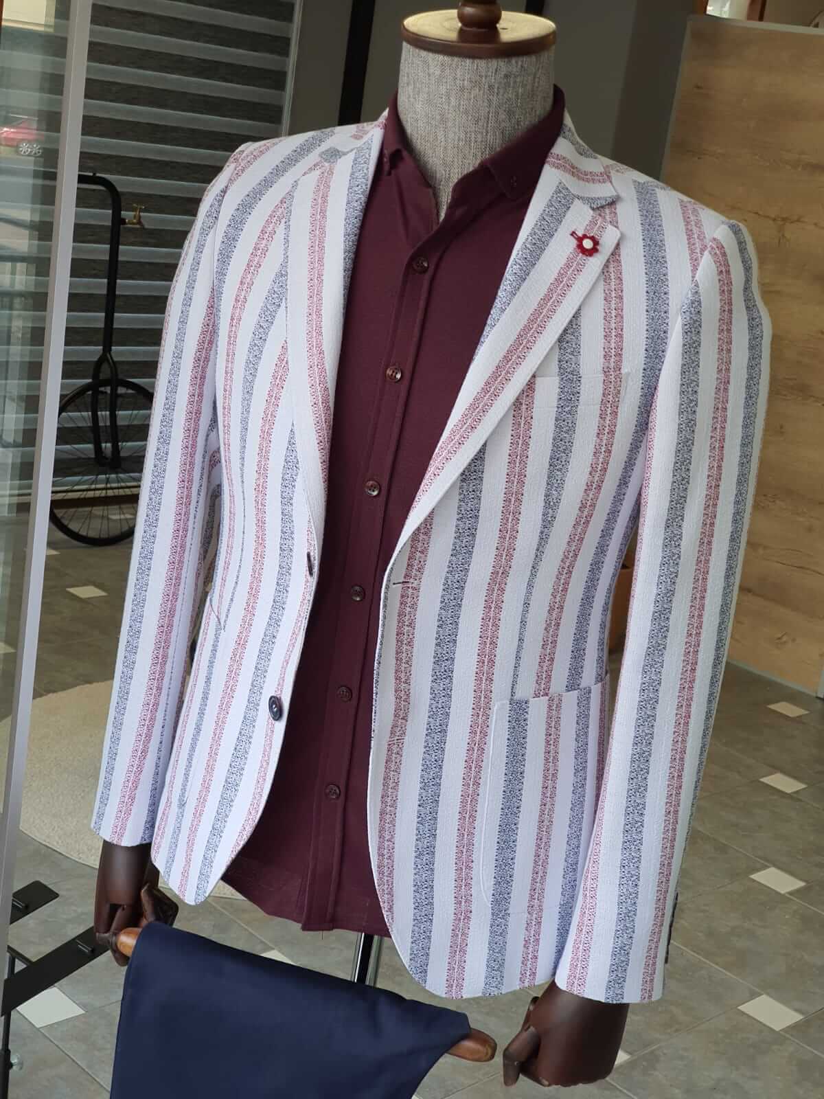 White & Claret Red Striped Jacket - Image 5